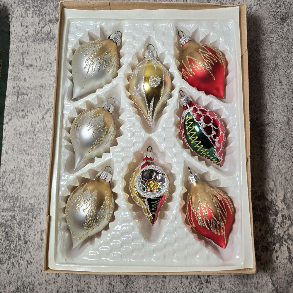 Vintage Glitter Mercury Glass Christmas Ornaments Europe Teardrop Tree Set Of 7